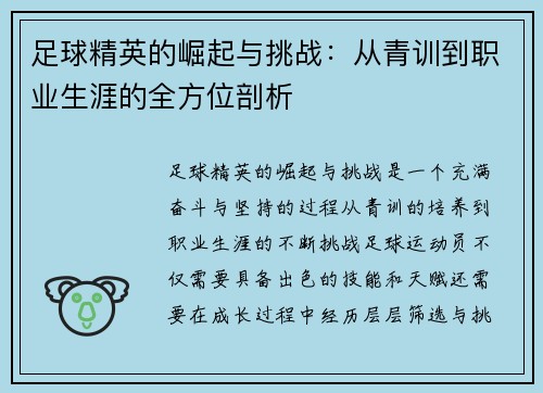 足球精英的崛起与挑战：从青训到职业生涯的全方位剖析