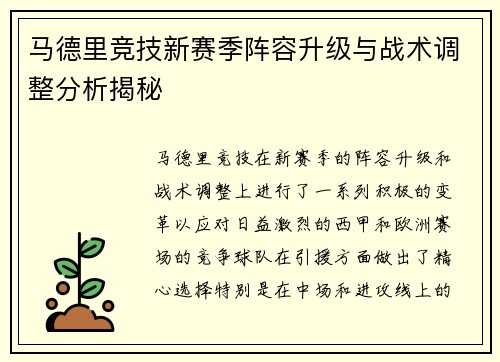马德里竞技新赛季阵容升级与战术调整分析揭秘