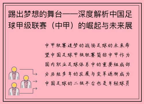 踢出梦想的舞台——深度解析中国足球甲级联赛（中甲）的崛起与未来展望