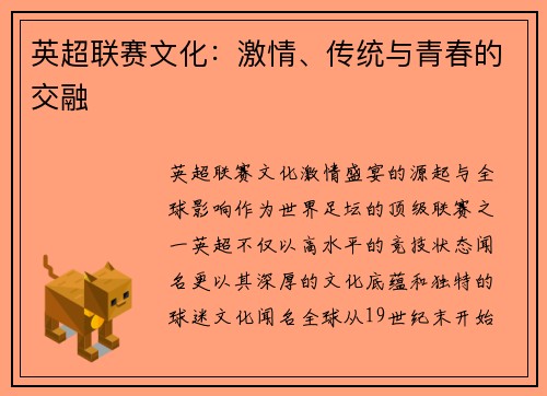 英超联赛文化：激情、传统与青春的交融