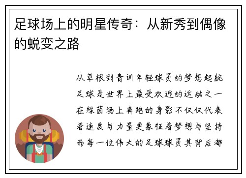 足球场上的明星传奇：从新秀到偶像的蜕变之路