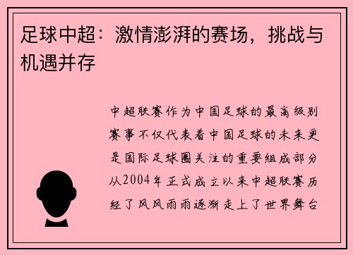 足球中超：激情澎湃的赛场，挑战与机遇并存