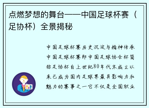 点燃梦想的舞台——中国足球杯赛（足协杯）全景揭秘